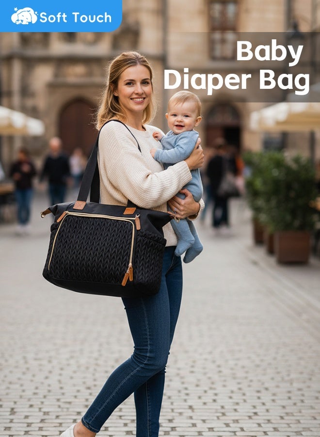 Soft Touch Diaper Bag Tote, Waterproof Mommy Bag, Large Capacity Travel Baby Diaper Bag, Hospital Bag for Labor Delivery, Nappy Bag with Pacifier Case, Changing Pad and Shoulder Strap (Black) - Image 2